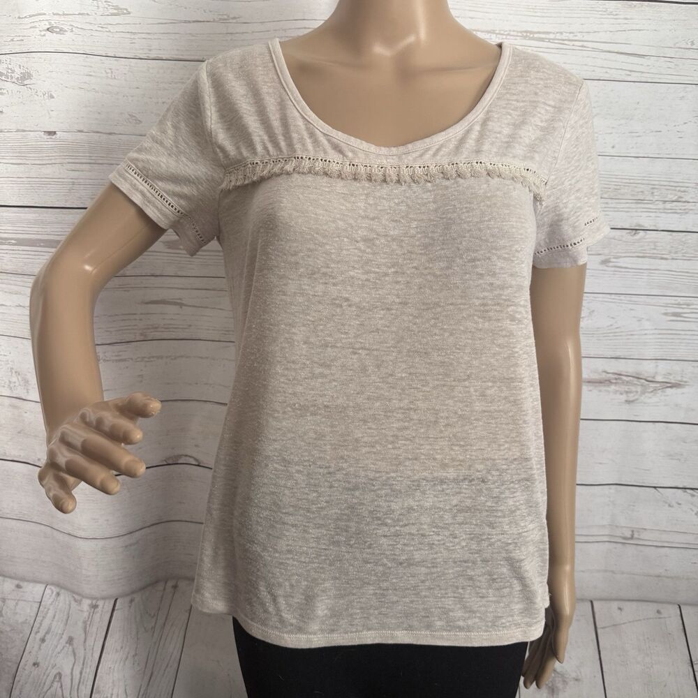 Gap Shirt Small Oatmeal Color Linen Blend Embroidered Fringe Accent Beige Tan